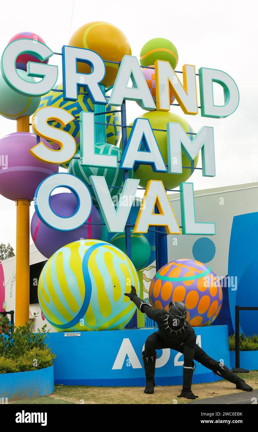 Melbourne, Australia. 13th Jan, 2025. A staff in a costume poses for