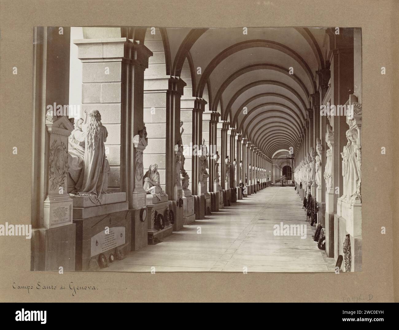 Sculpture gallery with funeral wreaths on the cemetery of Staglieno in Genoa, Anonymous, 1850 - 1876 photograph Part of Reisalbum with photos and drawings of Manuel Mayo 1876. Knee photographic support albumen print travelling; tourism. gallery of sculptures. cemetery, park-like burying ground Holy Field Stock Photo