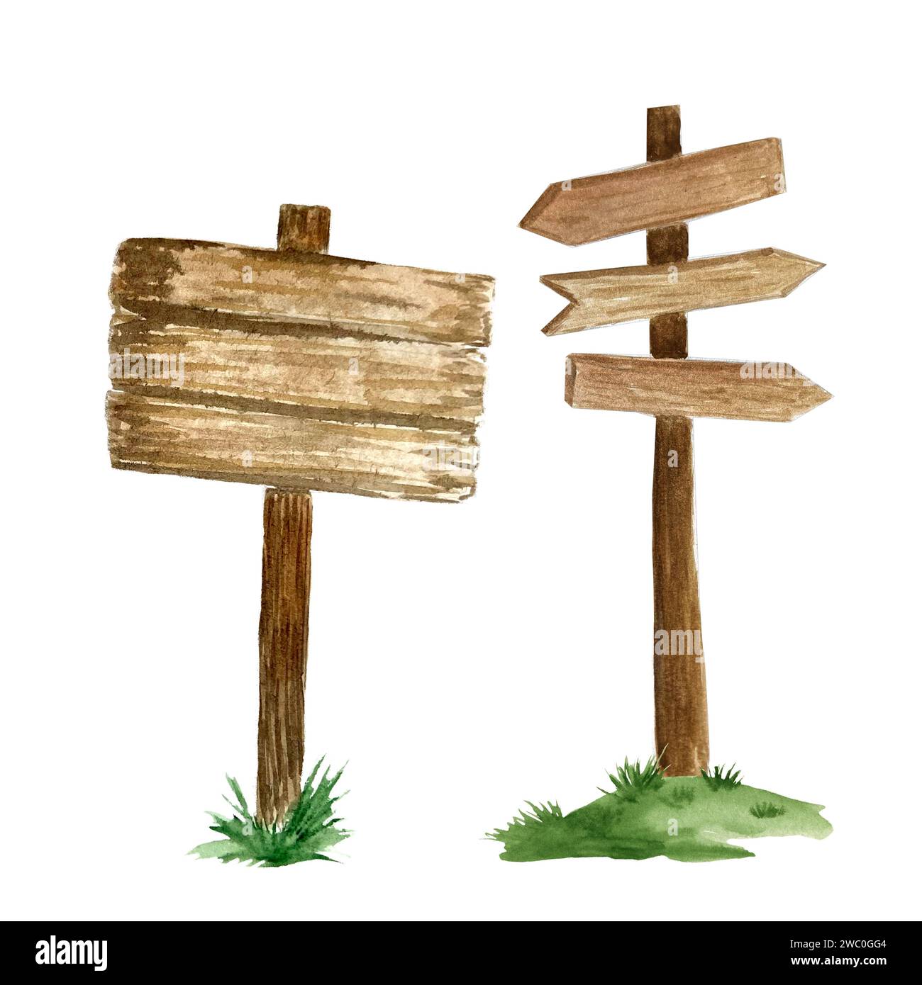 Watercolor brown wooden signposts illustration. Travel set Stock Photo ...