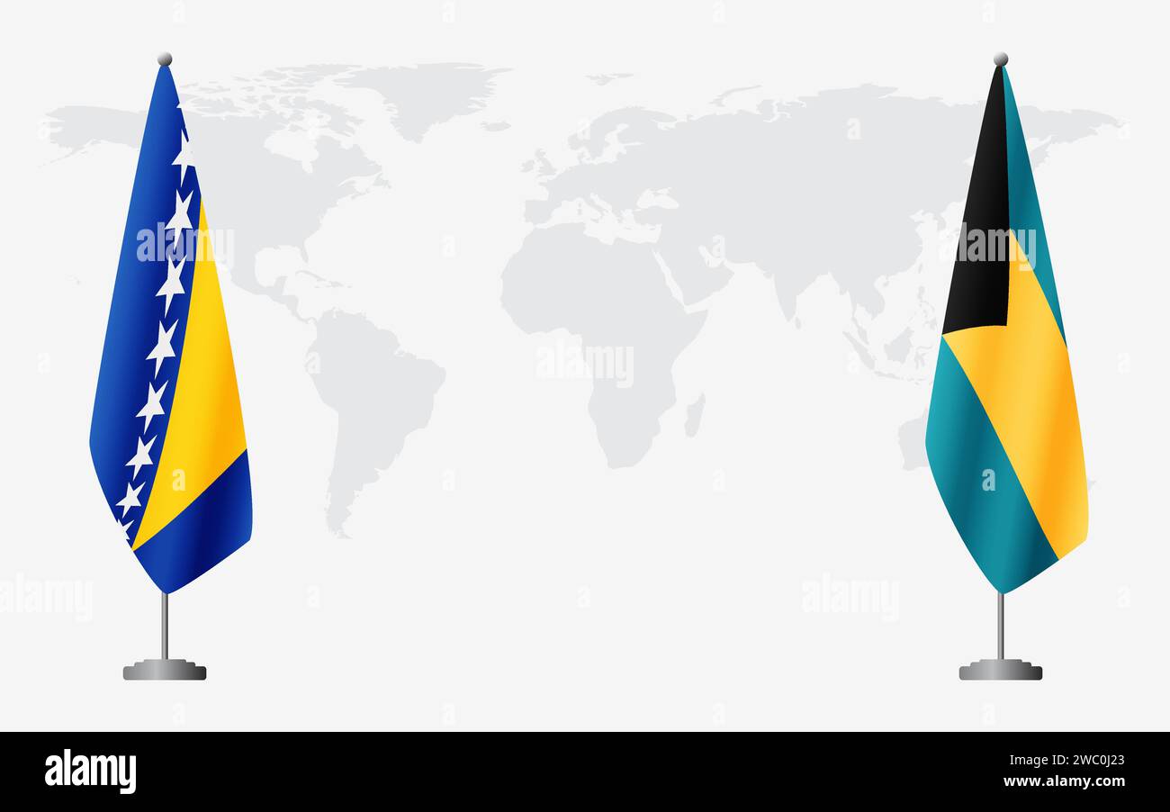 Bosnia and Herzegovina and Bahamas flags for official meeting against background of world map. Stock Vector