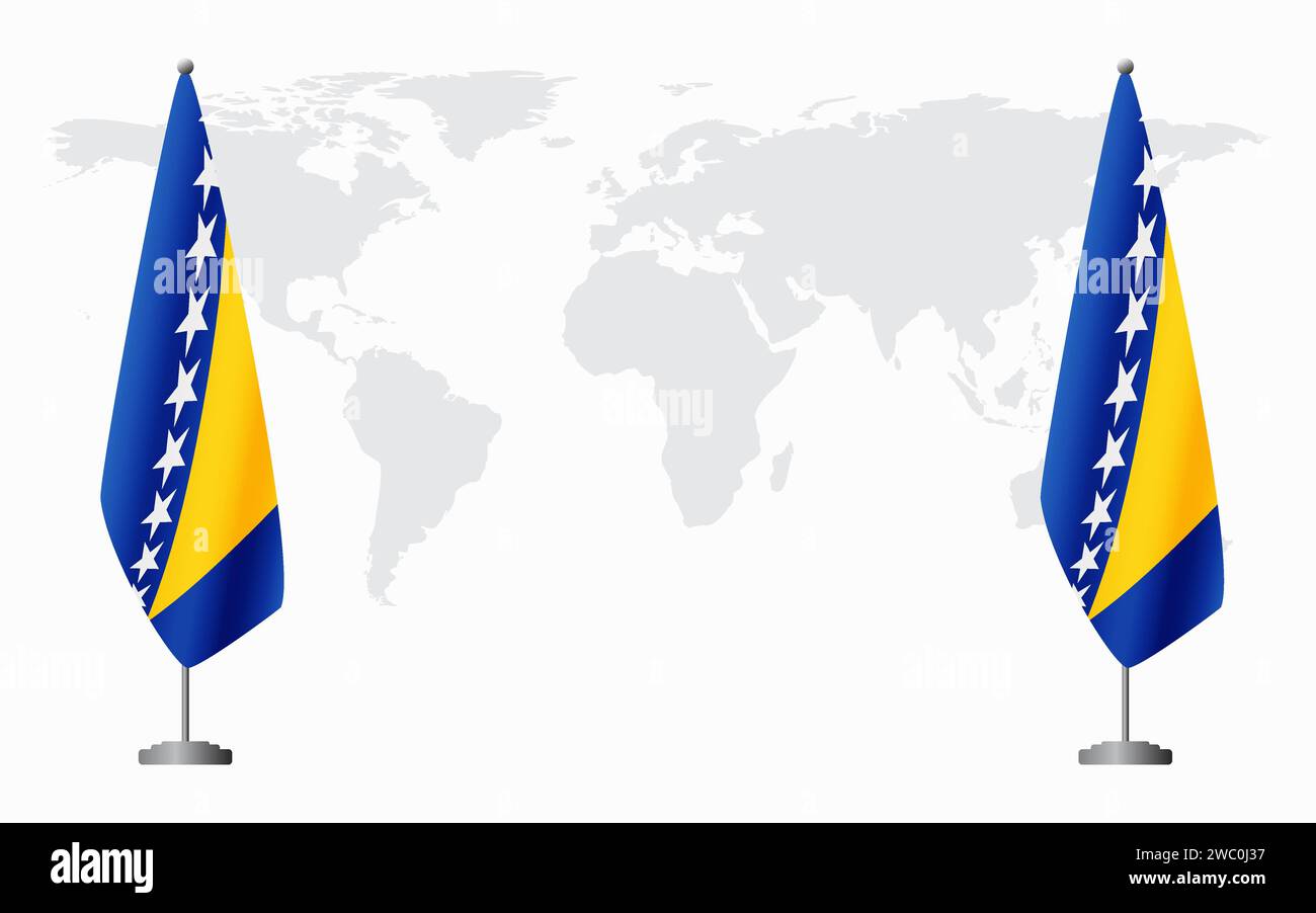 Bosnia and Herzegovina and Bosnia and Herzegovina flags for official meeting against background of world map. Stock Vector