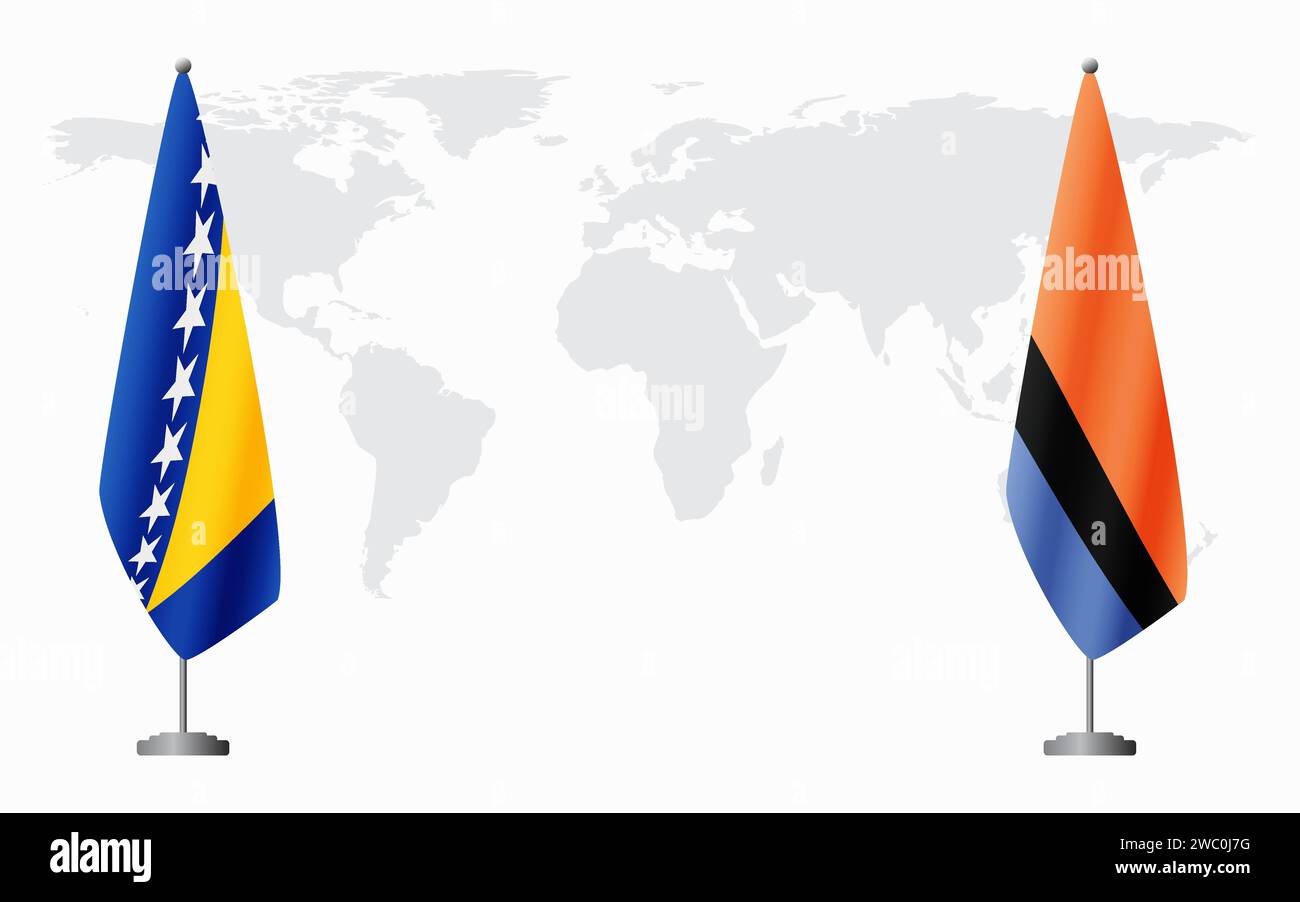 Bosnia and Herzegovina and Chagos Islands flags for official meeting against background of world map. Stock Vector