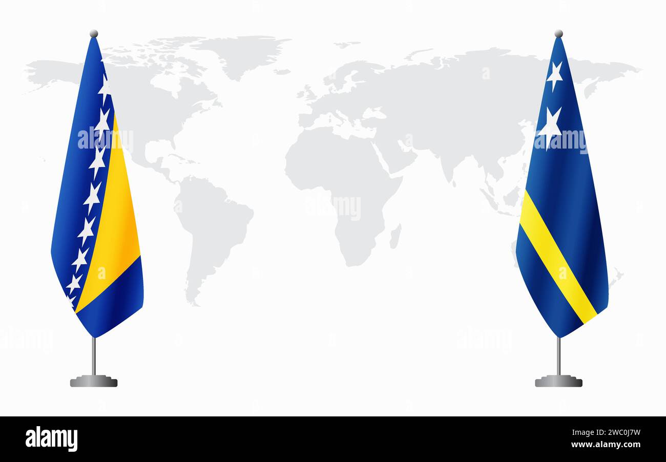Bosnia and Herzegovina and Curacao flags for official meeting against background of world map. Stock Vector