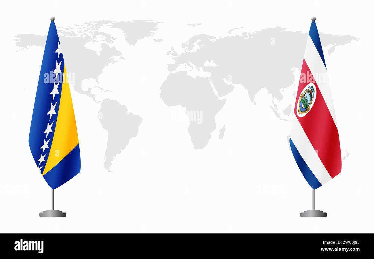 Bosnia and Herzegovina and Costa Rica flags for official meeting against background of world map. Stock Vector