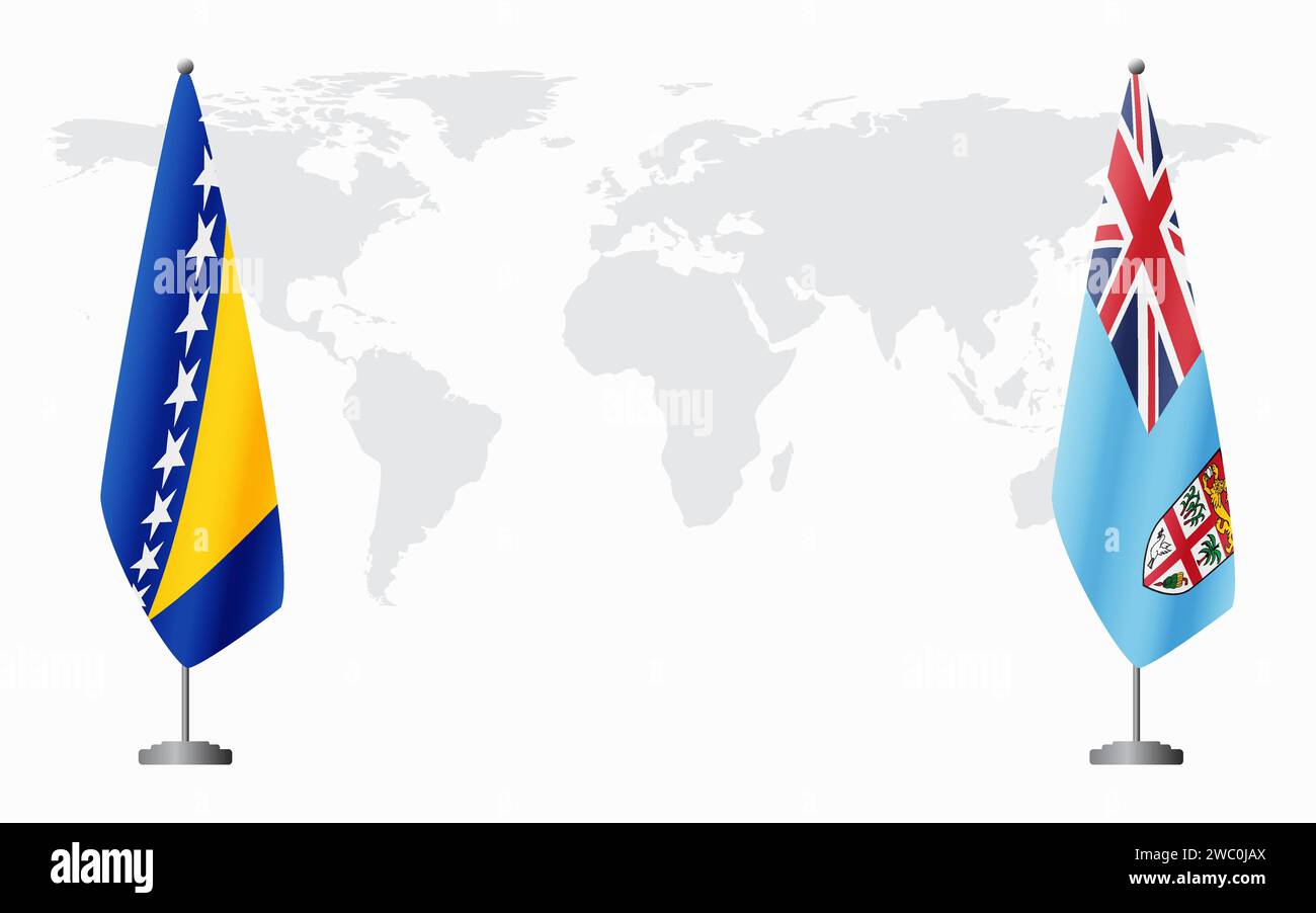 Bosnia and Herzegovina and Fiji flags for official meeting against background of world map. Stock Vector