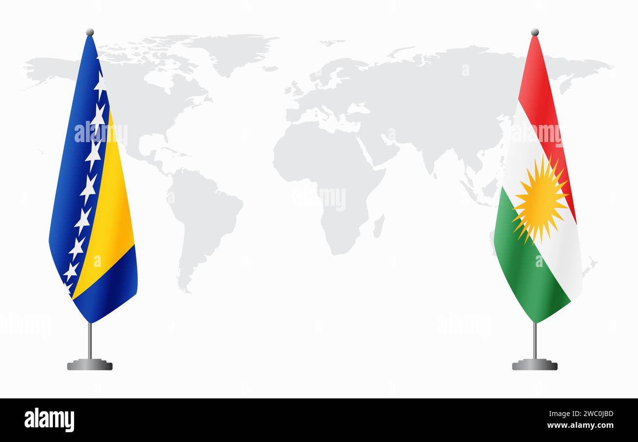 Bosnia and Herzegovina and Kurdistan flags for official meeting against background of world map. Stock Vector