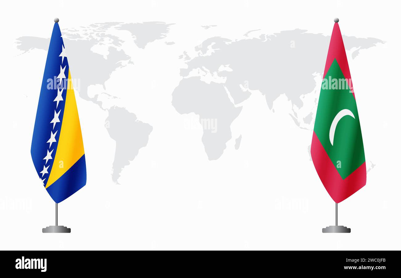 Bosnia and Herzegovina and Maldives flags for official meeting against background of world map. Stock Vector