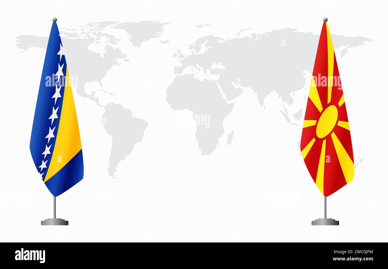 Bosnia and Herzegovina and Northern Macedonia flags for official meeting against background of world map. Stock Vector