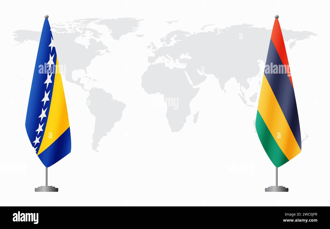 Bosnia and Herzegovina and Mauritius flags for official meeting against background of world map. Stock Vector