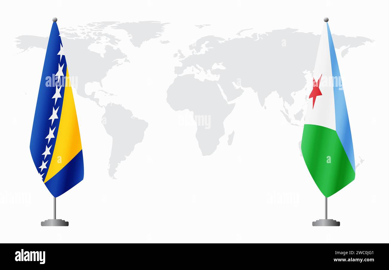 Bosnia and Herzegovina and Djibouti flags for official meeting against background of world map. Stock Vector