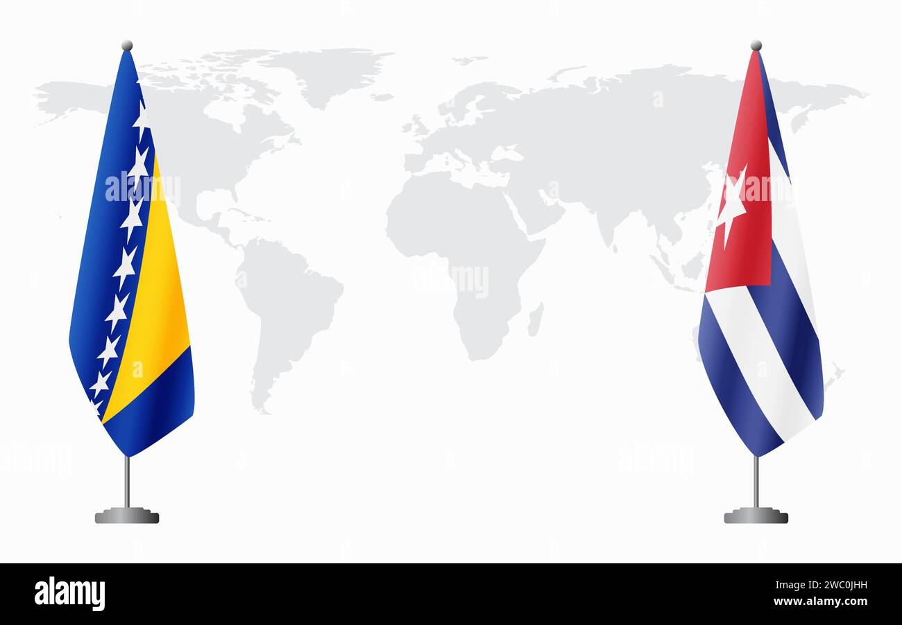 Bosnia and Herzegovina and Cuba flags for official meeting against background of world map. Stock Vector