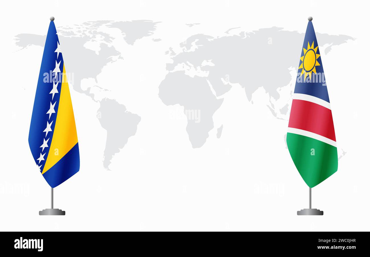 Bosnia and Herzegovina and Namibia flags for official meeting against background of world map. Stock Vector