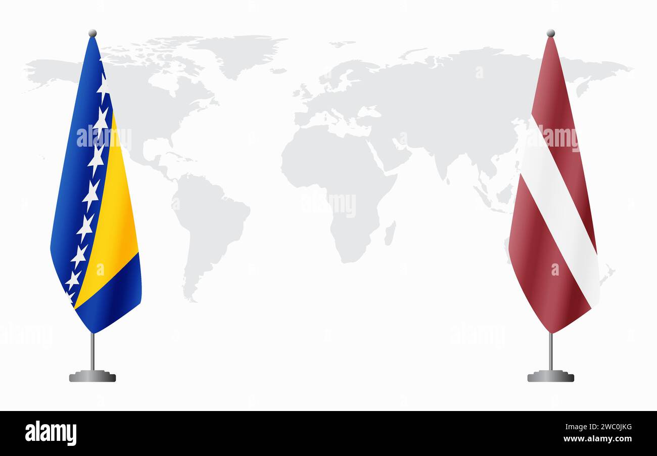 Bosnia and Herzegovina and Latvia flags for official meeting against background of world map. Stock Vector