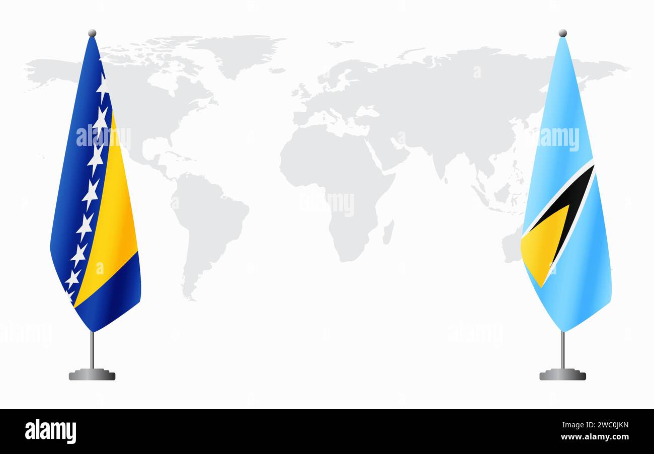 Bosnia and Herzegovina and Saint Lucia flags for official meeting against background of world map. Stock Vector
