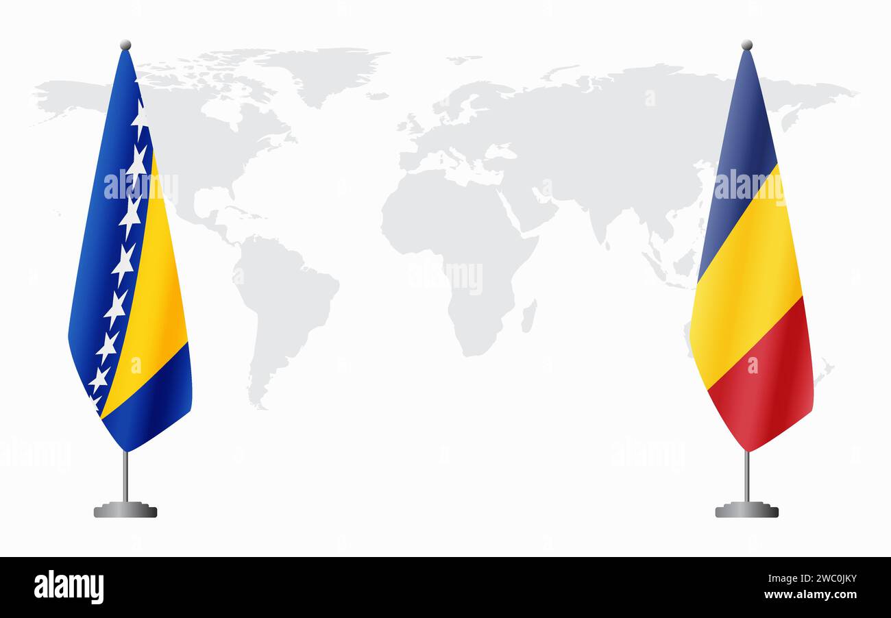 Bosnia and Herzegovina and Romania flags for official meeting against background of world map. Stock Vector