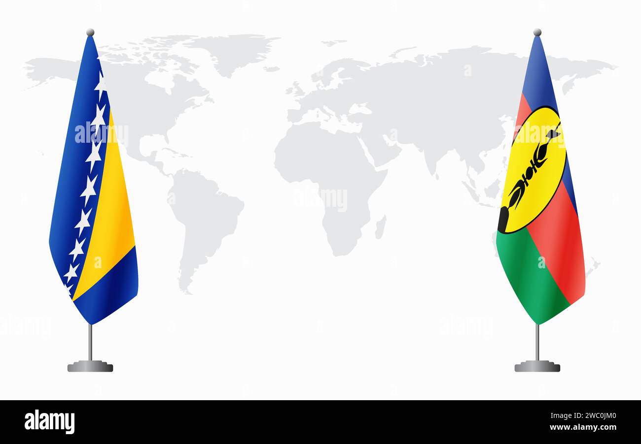 Bosnia and Herzegovina and New Caledonia flags for official meeting against background of world map. Stock Vector