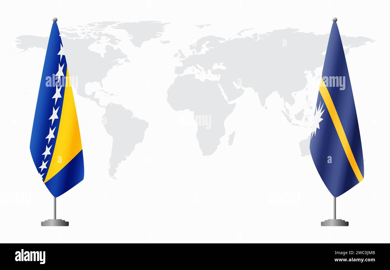 Bosnia and Herzegovina and Nauru flags for official meeting against background of world map. Stock Vector