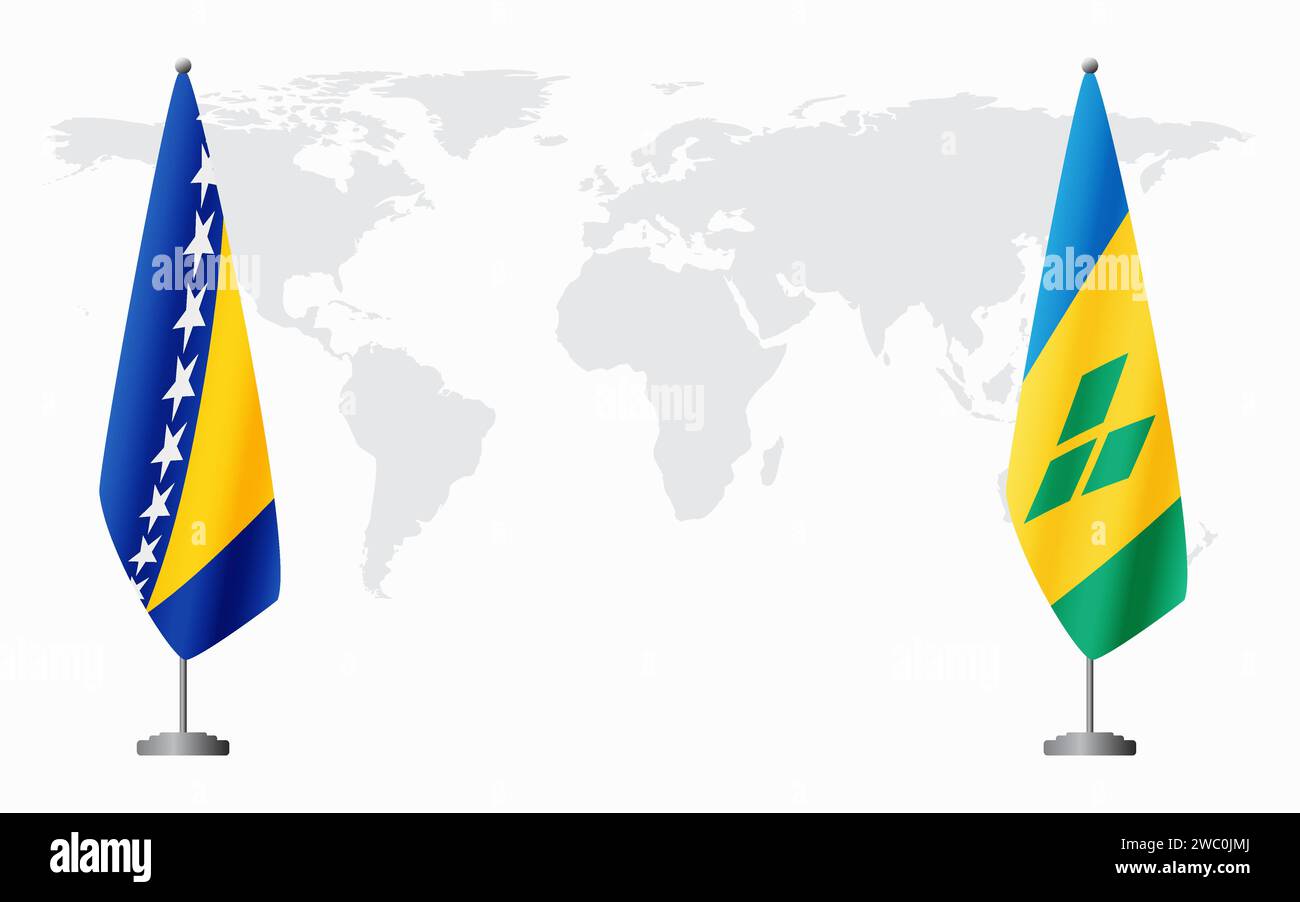 Bosnia and Herzegovina and Saint Vincent and the Grenadines flags for official meeting against background of world map. Stock Vector