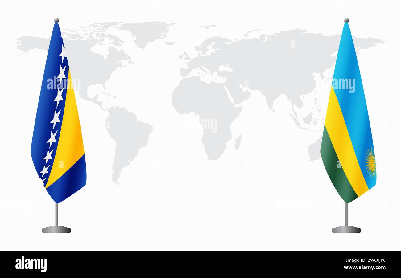 Bosnia and Herzegovina and Rwanda flags for official meeting against background of world map. Stock Vector