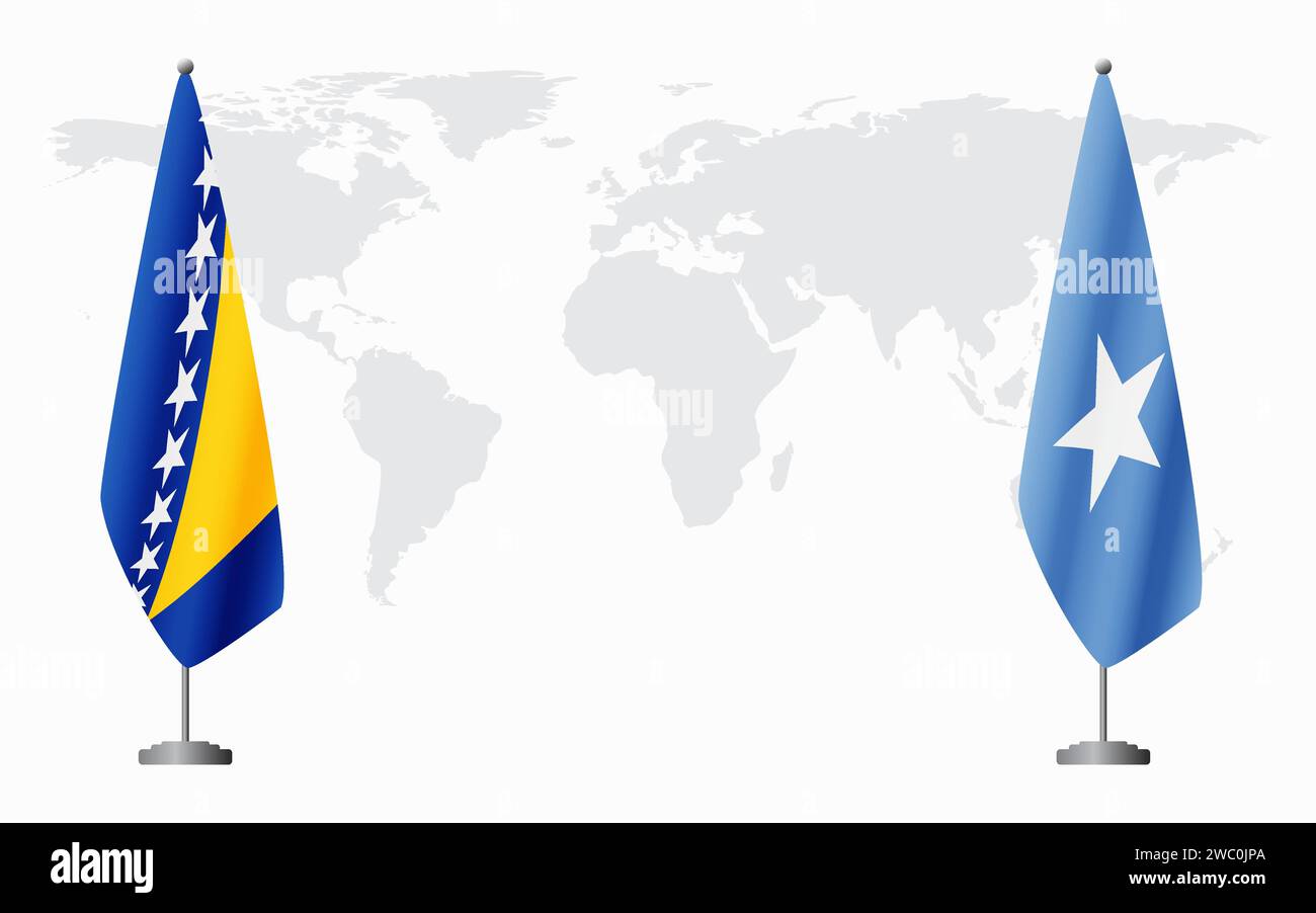 Bosnia and Herzegovina and Somalia flags for official meeting against background of world map. Stock Vector