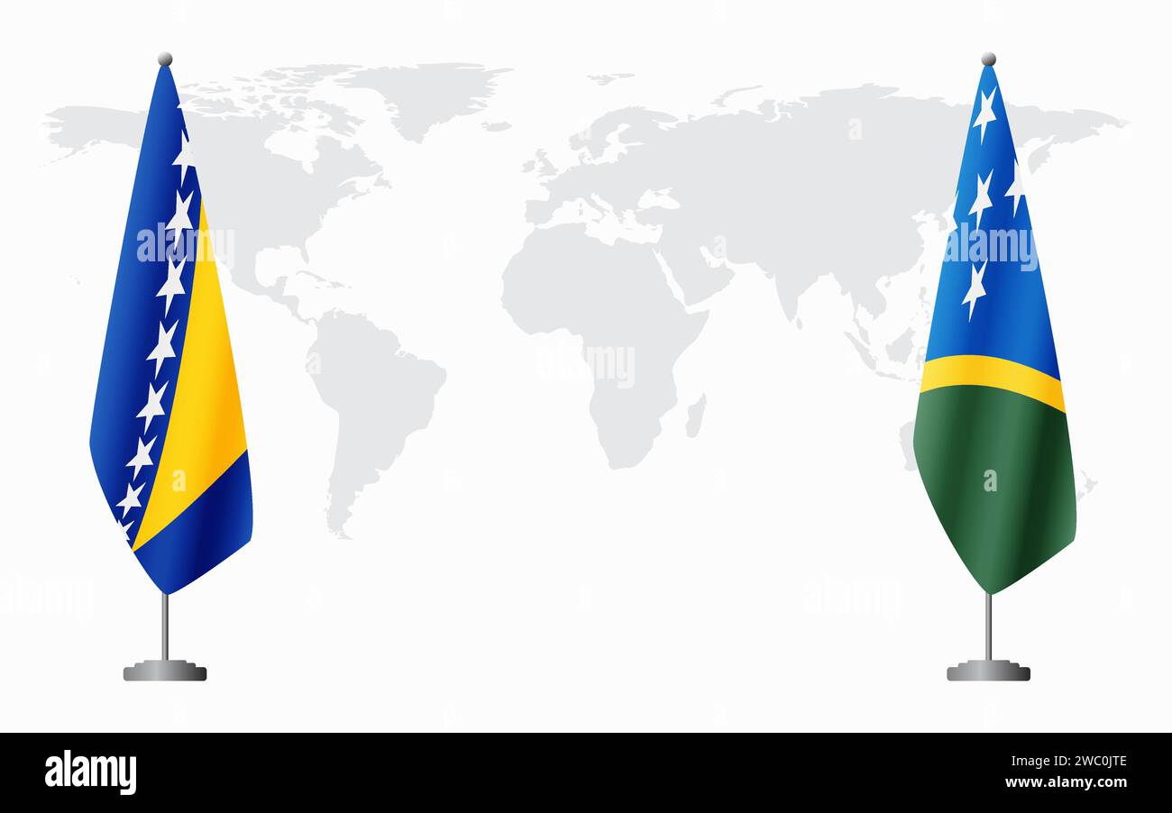 Bosnia and Herzegovina and Solomon Islands flags for official meeting against background of world map. Stock Vector