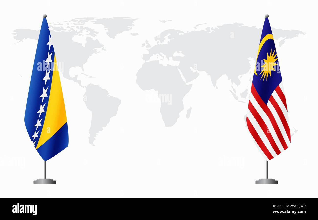 Bosnia and Herzegovina and Malaysia flags for official meeting against background of world map. Stock Vector