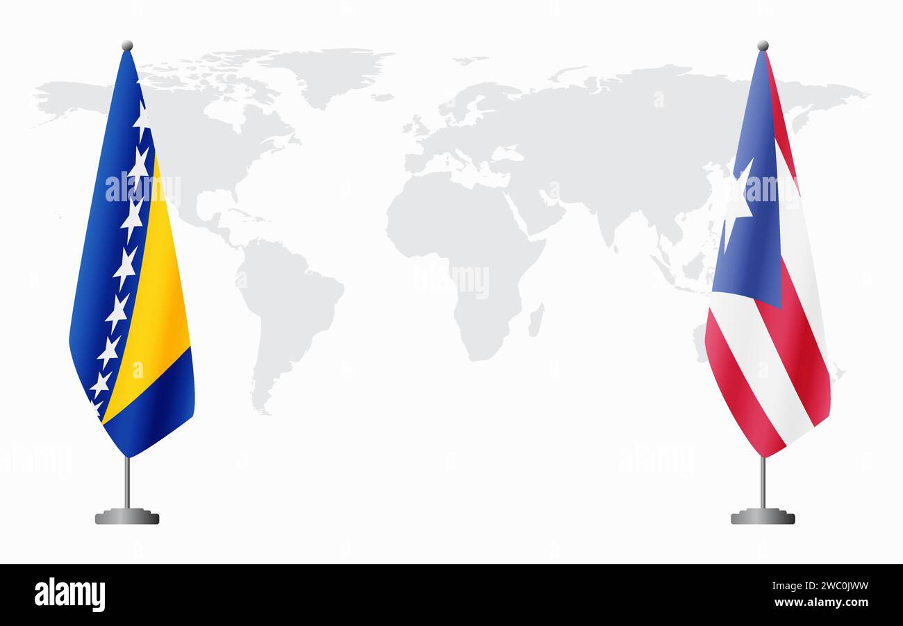 Bosnia and Herzegovina and Puerto Rico flags for official meeting against background of world map. Stock Vector