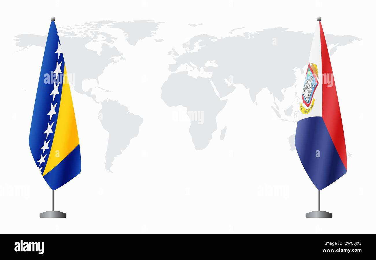 Bosnia and Herzegovina and Sint Maarten flags for official meeting against background of world map. Stock Vector