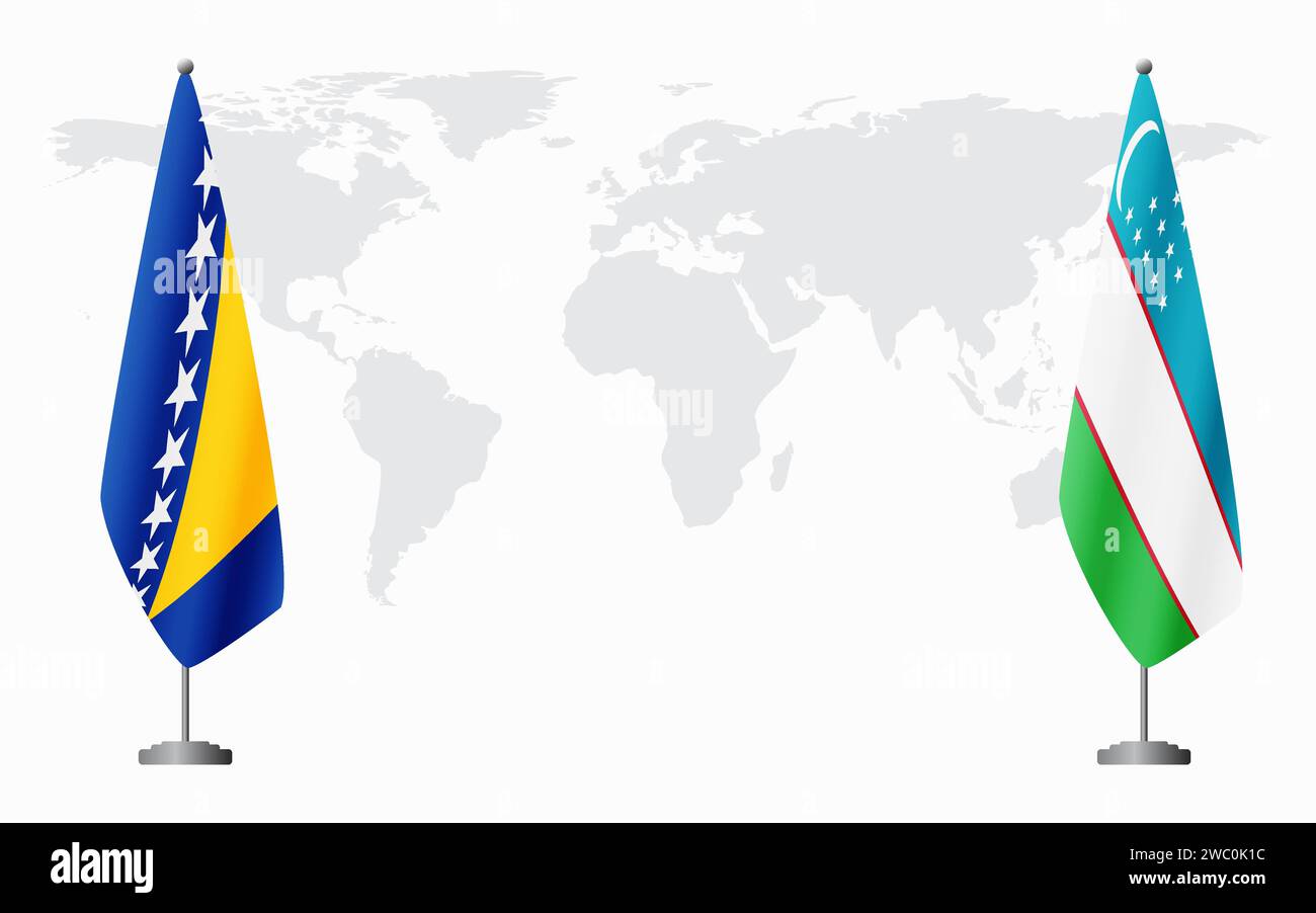 Bosnia and Herzegovina and Uzbekistan flags for official meeting against background of world map. Stock Vector