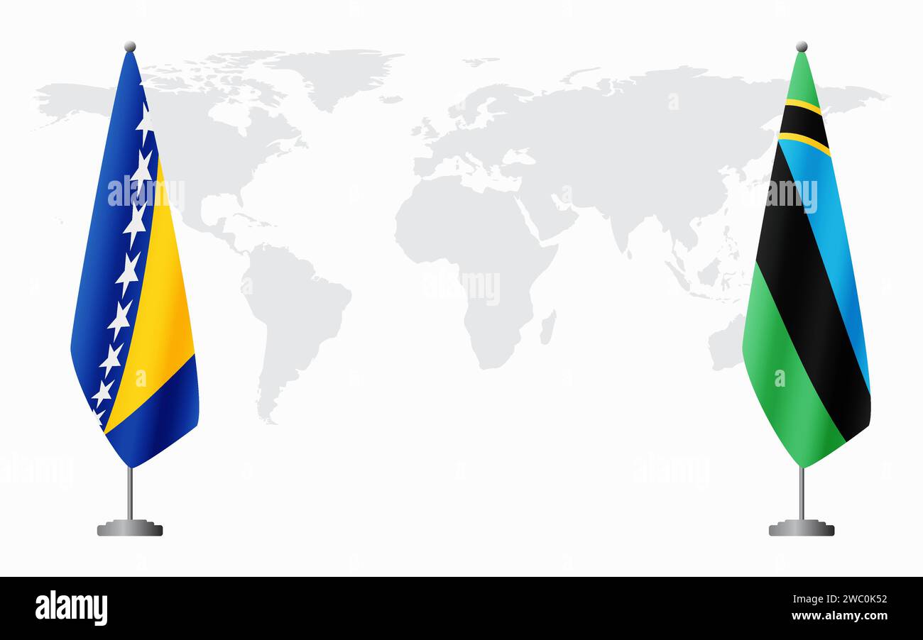 Bosnia and Herzegovina and Zanzibar flags for official meeting against background of world map. Stock Vector