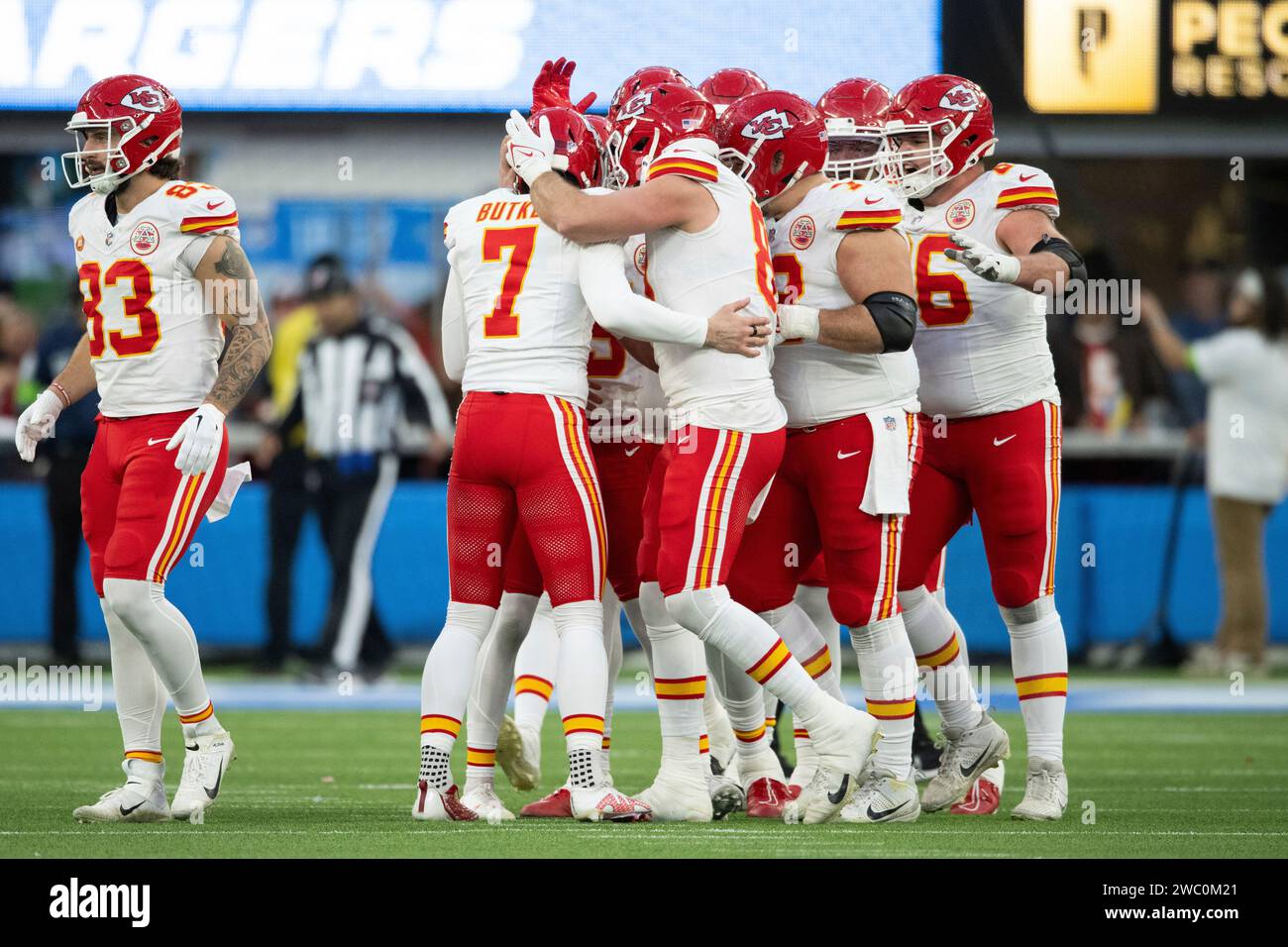 Kansas City Chiefs players celebrate a field goal by place kicker