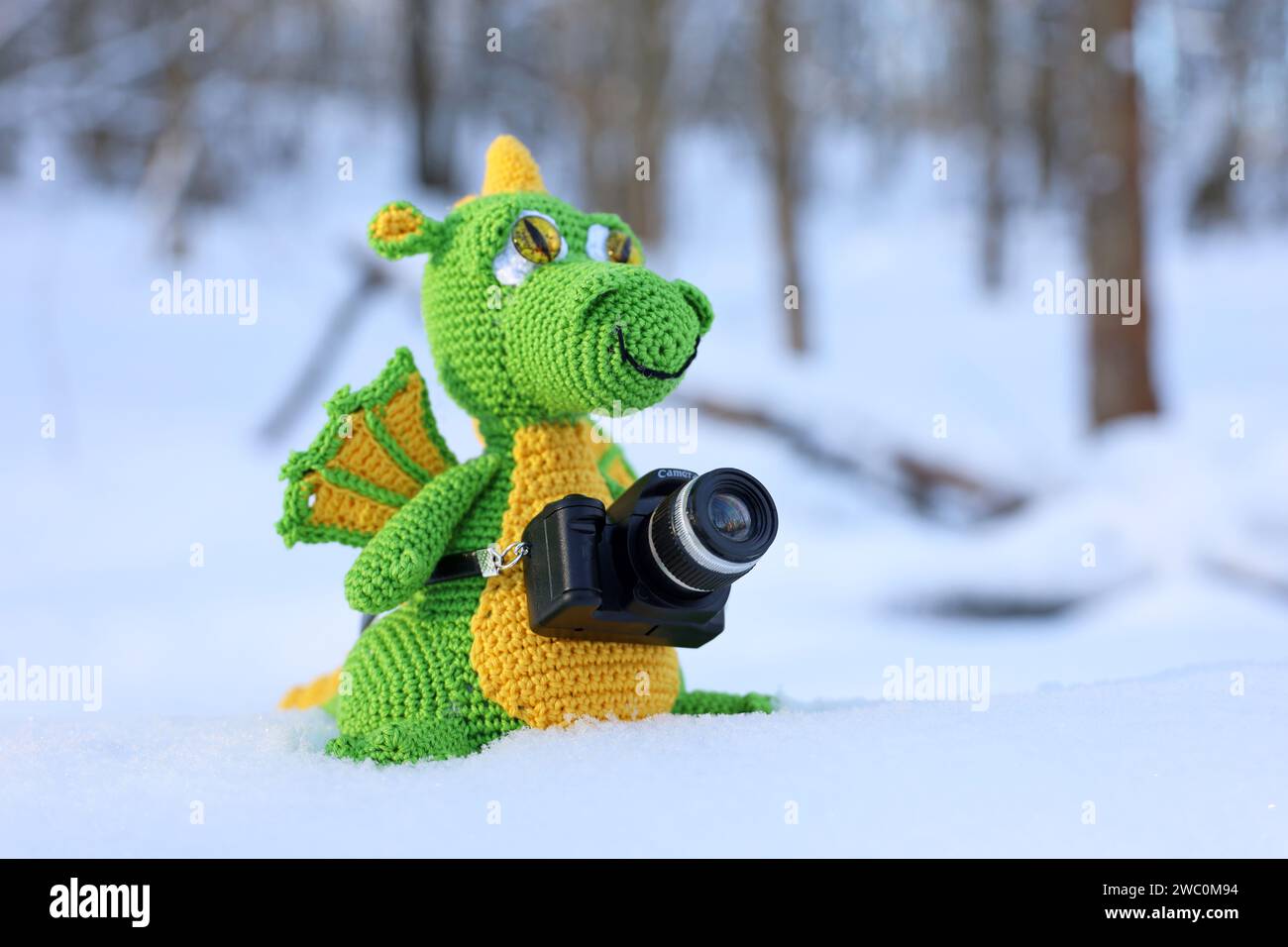 Knitted green dragon with photo camera in a snow on winter forest background. Symbol of Chinese New Year 2024 Stock Photo