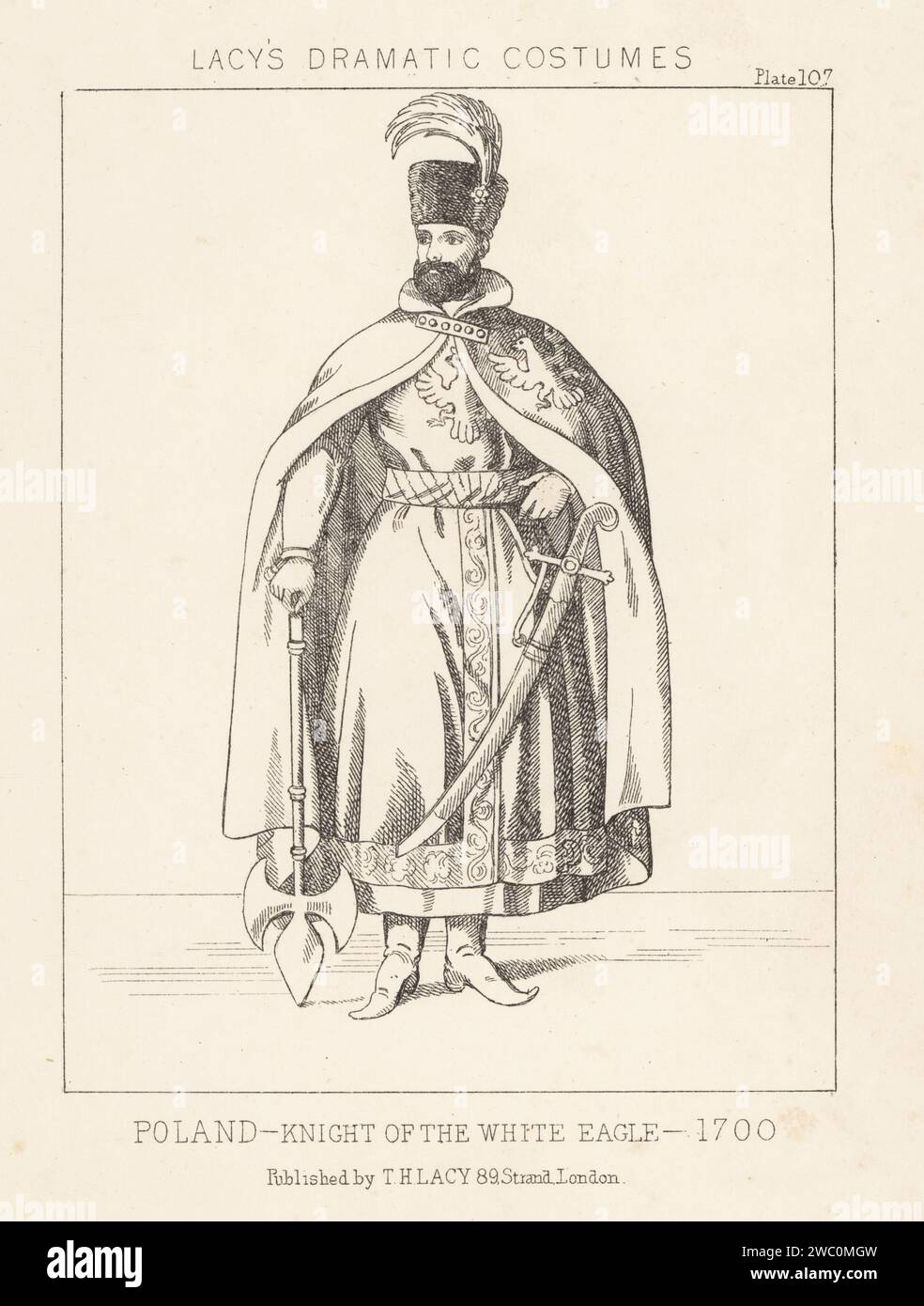 Knight of the Order of the White Eagle, Poland. Ceremonial robes with plumed fur hat, fur-lined cloak with embroidered eagle, tunic, boots, armed with battle axe and sabre. Founded by Augustus II the Strong, King of Poland, 1705. Lithograph from Thomas Hailes Lacy's Male Costumes, Historical, National and Dramatic in 200 Plates, London, 1865. Lacy (1809-1873) was a British actor, playwright, theatrical manager and publisher. Stock Photo