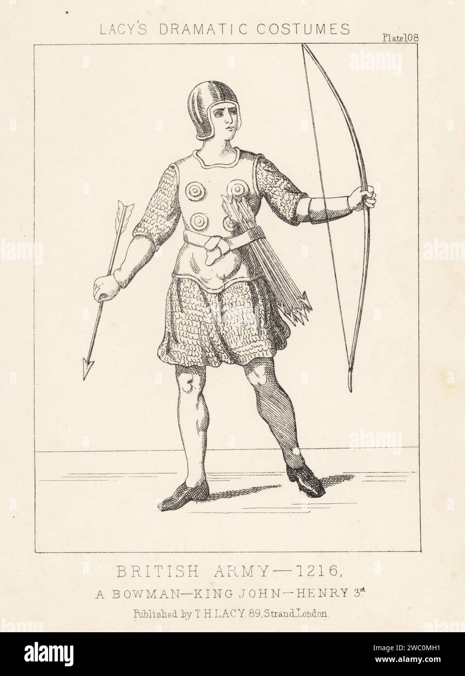 A bowman with the English Army, era of King John and King Henry III, 13th century. In helmet, jerkin, chainmail hauberk, armed with long bow, a dozen arrows in his belt. Lithograph from Thomas Hailes Lacy's Male Costumes, Historical, National and Dramatic in 200 Plates, London, 1865. Lacy (1809-1873) was a British actor, playwright, theatrical manager and publisher. Stock Photo