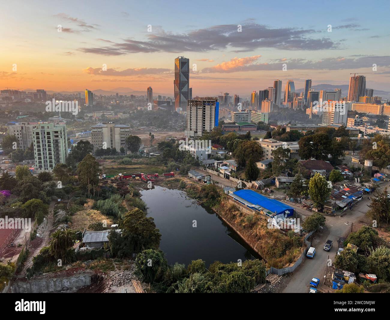 Addis Abeba, Ethiopia - 9 January 2023: Aerial overview of Addis Abeba city, the capital of Ethiopia, showing brand new buildings and construction in Stock Photo