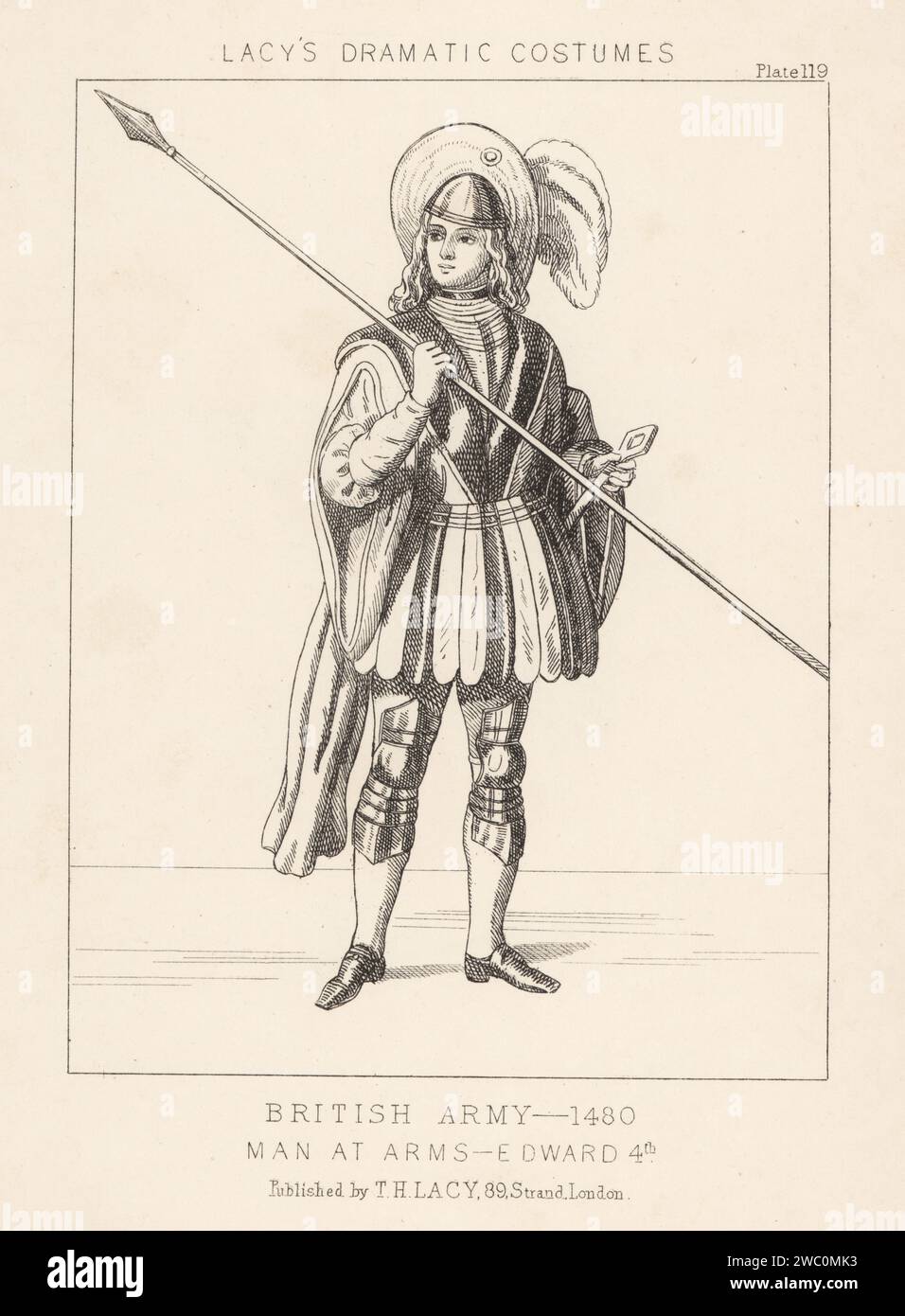 English man at Arms, reign of King Edward IV, 15th century. Knight in plumed helmet, lined doublet with hanging sleeves, poleyn knee armour over hose, shoes, holding a lance and key. Lithograph from Thomas Hailes Lacy's Male Costumes, Historical, National and Dramatic in 200 Plates, London, 1865. Lacy (1809-1873) was a British actor, playwright, theatrical manager and publisher. Stock Photo