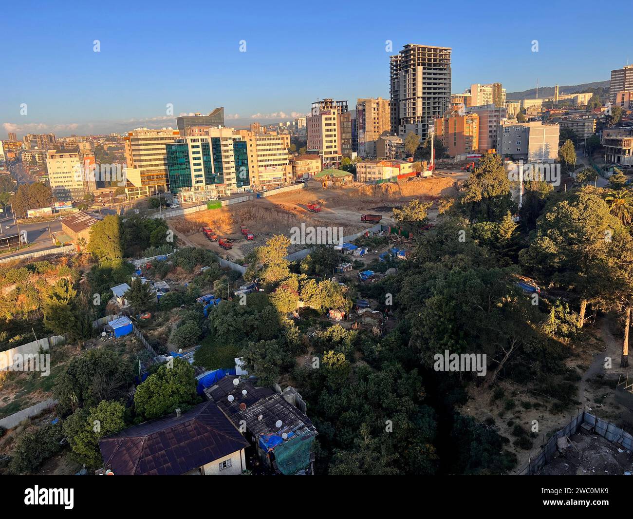 Addis Abeba, Ethiopia - January 9 2023: Aerial overview of Addis Abeba city, the capital of Ethiopia, showing brand new buildings and construction sit Stock Photo