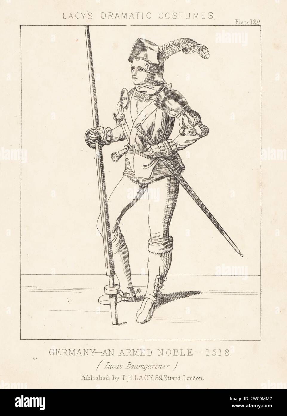 Lukas Baumgartner, armed noble of Germany, 1512. Patrician of Nurnburg, in helmet, cuirass, gauntlets, with tabard and hose, boots with spurs, holding a lance and sword. From an altar painting by Albrect Durer in the Alte Pinakothek museum, Munich. Lithograph from Thomas Hailes Lacy's Male Costumes, Historical, National and Dramatic in 200 Plates, London, 1865. Lacy (1809-1873) was a British actor, playwright, theatrical manager and publisher. Stock Photo