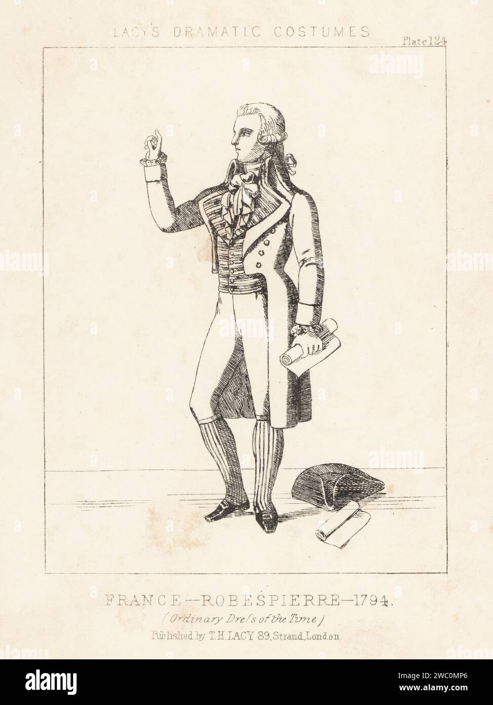 Maximilien Robespierre, lawyer and statesman during the Reign of Terror in Revolutionary France, 1794. Ordinary dress of the time, riding coat, breeches and hose, buckle shoes, with tricorne and scroll. Lithograph from Thomas Hailes Lacy's Male Costumes, Historical, National and Dramatic in 200 Plates, London, 1865. Lacy (1809-1873) was a British actor, playwright, theatrical manager and publisher. Stock Photo