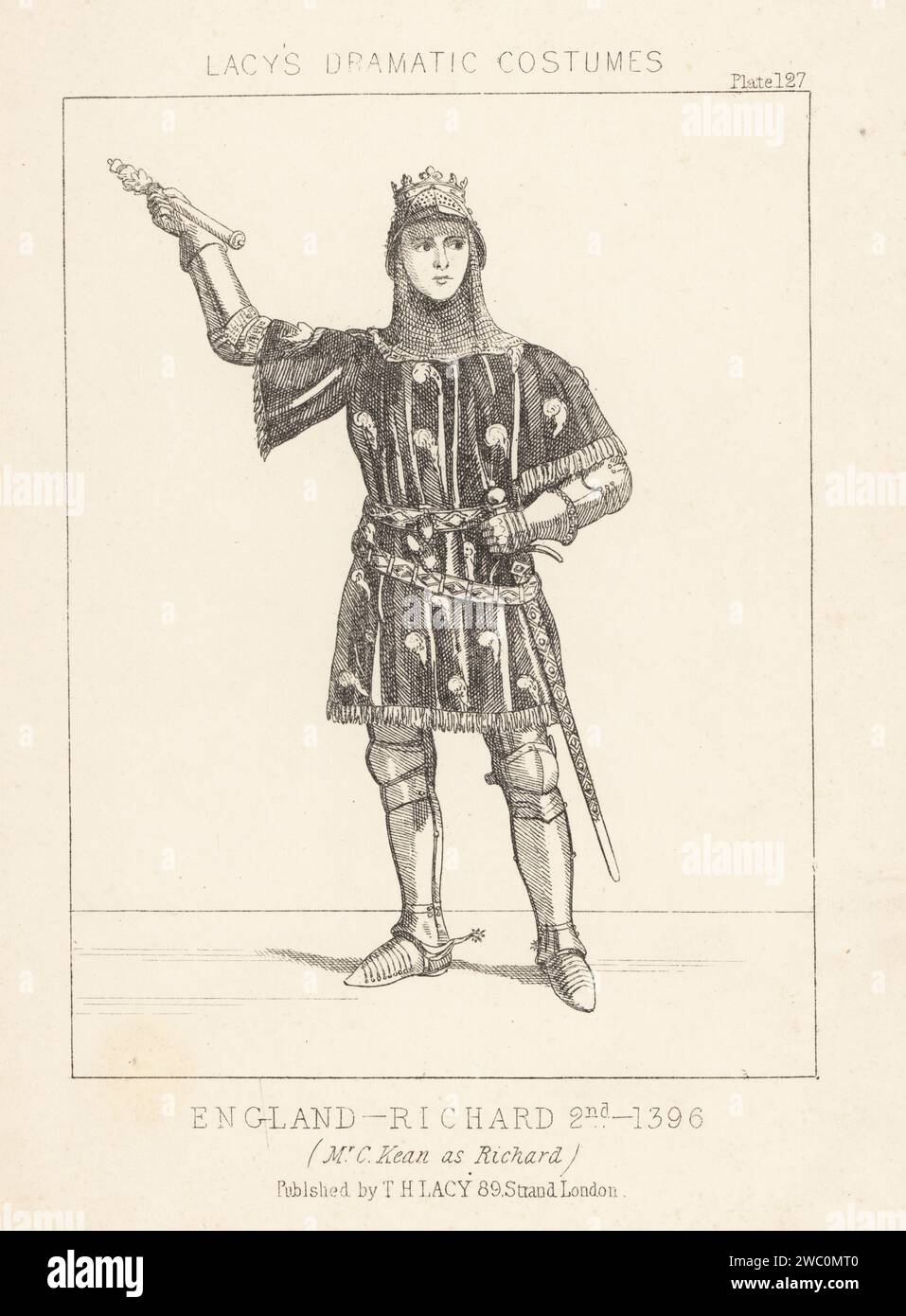 English actor Charles Kean as Richard II in William Shakespeare's history play, Princess Theatre, London, 1857. In crown over helmet and gorget, embroidered tunic, suit of armour, holding a sceptre and sword. Richard 2nd, 1396. Lithograph from Thomas Hailes Lacy's Male Costumes, Historical, National and Dramatic in 200 Plates, London, 1865. Lacy (1809-1873) was a British actor, playwright, theatrical manager and publisher. Stock Photo