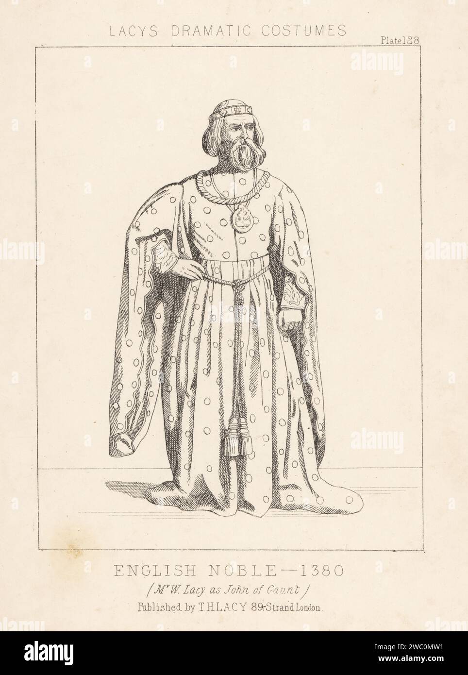 English actor Walter Lacy as John of Gaunt, 14th century English noble, in William Shakespeare's history play Richard II. In diadem, long robe with dagged hanging sleeves, gold collar and chain. Lithograph from Thomas Hailes Lacy's Male Costumes, Historical, National and Dramatic in 200 Plates, London, 1865. Lacy (1809-1873) was a British actor, playwright, theatrical manager and publisher. Stock Photo