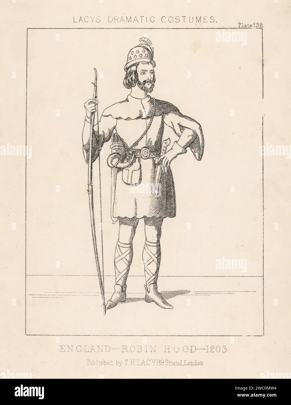 Robin Hood, legendary heroic outlaw, England, 1203. In plumed cap, tunic with collar and hanging sleeves, armed with dagger, bow, quiver of arrows and hunting horn. Lithograph from Thomas Hailes Lacy's Male Costumes, Historical, National and Dramatic in 200 Plates, London, 1865. Lacy (1809-1873) was a British actor, playwright, theatrical manager and publisher. Stock Photo