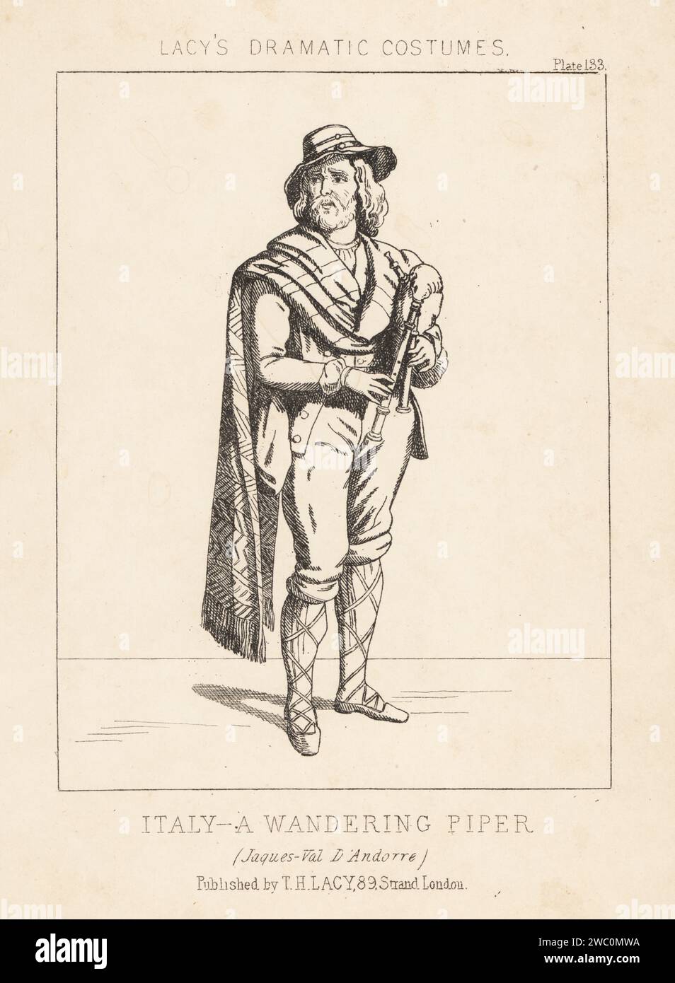 A wandering bagpiper of Italy. Costume of the character Jacques Sincère, a goatherd, in the comic opera Val d'Andorre by Fromental Halévy, 1848. In hat, jacket, shawl, breeches, hose, holding bagpipes. Lithograph from Thomas Hailes Lacy's Male Costumes, Historical, National and Dramatic in 200 Plates, London, 1865. Lacy (1809-1873) was a British actor, playwright, theatrical manager and publisher. Stock Photo