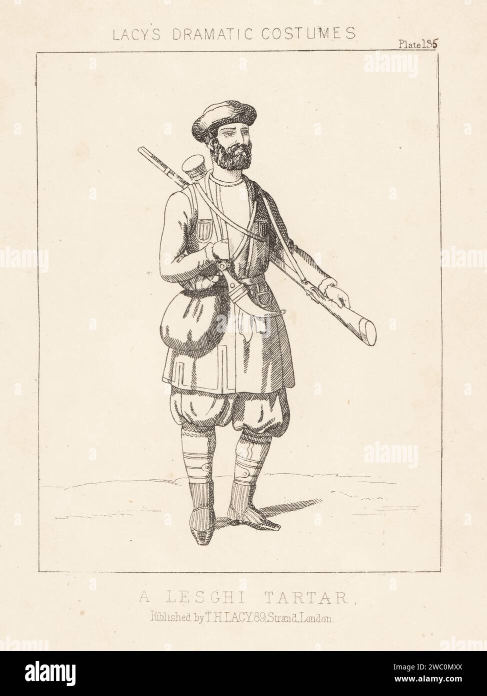 Costume of a Lezgin or Lek, a Northeast Caucasian ethnic group native predominantly to Dagestan. In cap, tunic, breeches, gaiters, with musket, dagger and hunting horn. A Lesghi Tartar. Lithograph from Thomas Hailes Lacy's Male Costumes, Historical, National and Dramatic in 200 Plates, London, 1865. Lacy (1809-1873) was a British actor, playwright, theatrical manager and publisher. Stock Photo