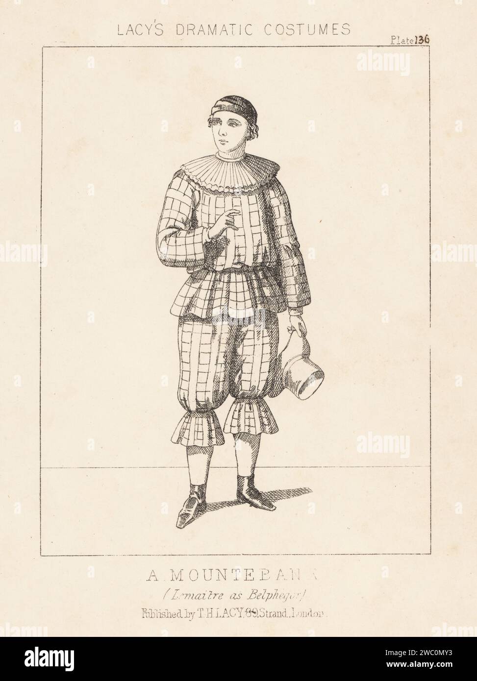 French actor and playwright Frederick Lemaitre as Belphégor in the play Paillasse (or Belphegor the Mountebank) by Adolphe d'Ennery, Adelphi Theatre, London, 1851. In cap, ruff collar, checkered tunic and pants, holding a hat. Lithograph from Thomas Hailes Lacy's Male Costumes, Historical, National and Dramatic in 200 Plates, London, 1865. Lacy (1809-1873) was a British actor, playwright, theatrical manager and publisher. Stock Photo