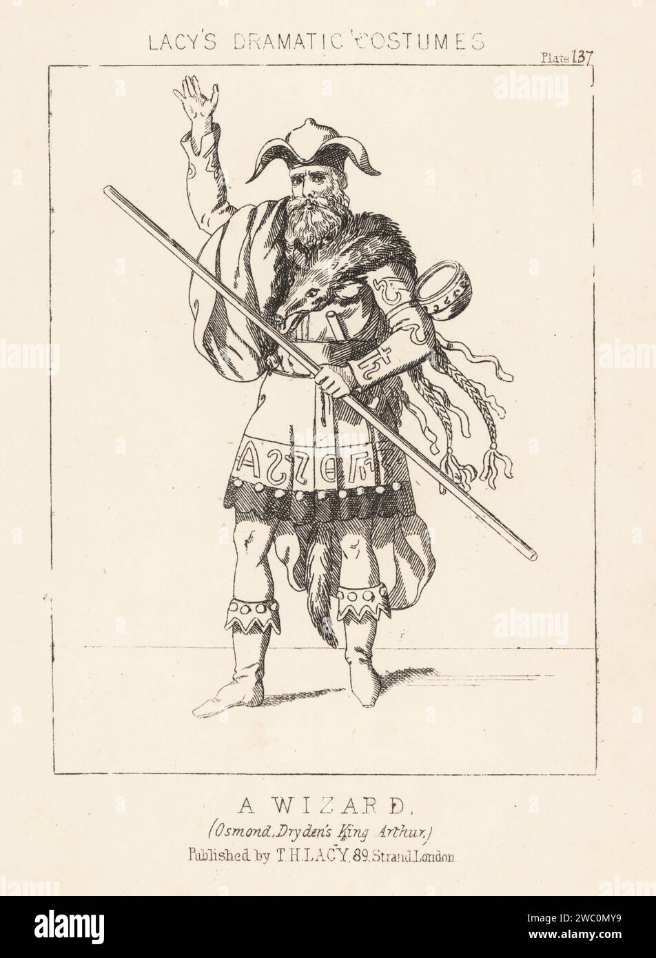 Costume of a wizard or Saxon magician, Osmond, in John Dryden's opera King Arthur. In cap, boarskin, cloak, tunic with Runes, boots, armed with staff. Lithograph from Thomas Hailes Lacy's Male Costumes, Historical, National and Dramatic in 200 Plates, London, 1865. Lacy (1809-1873) was a British actor, playwright, theatrical manager and publisher. Stock Photo