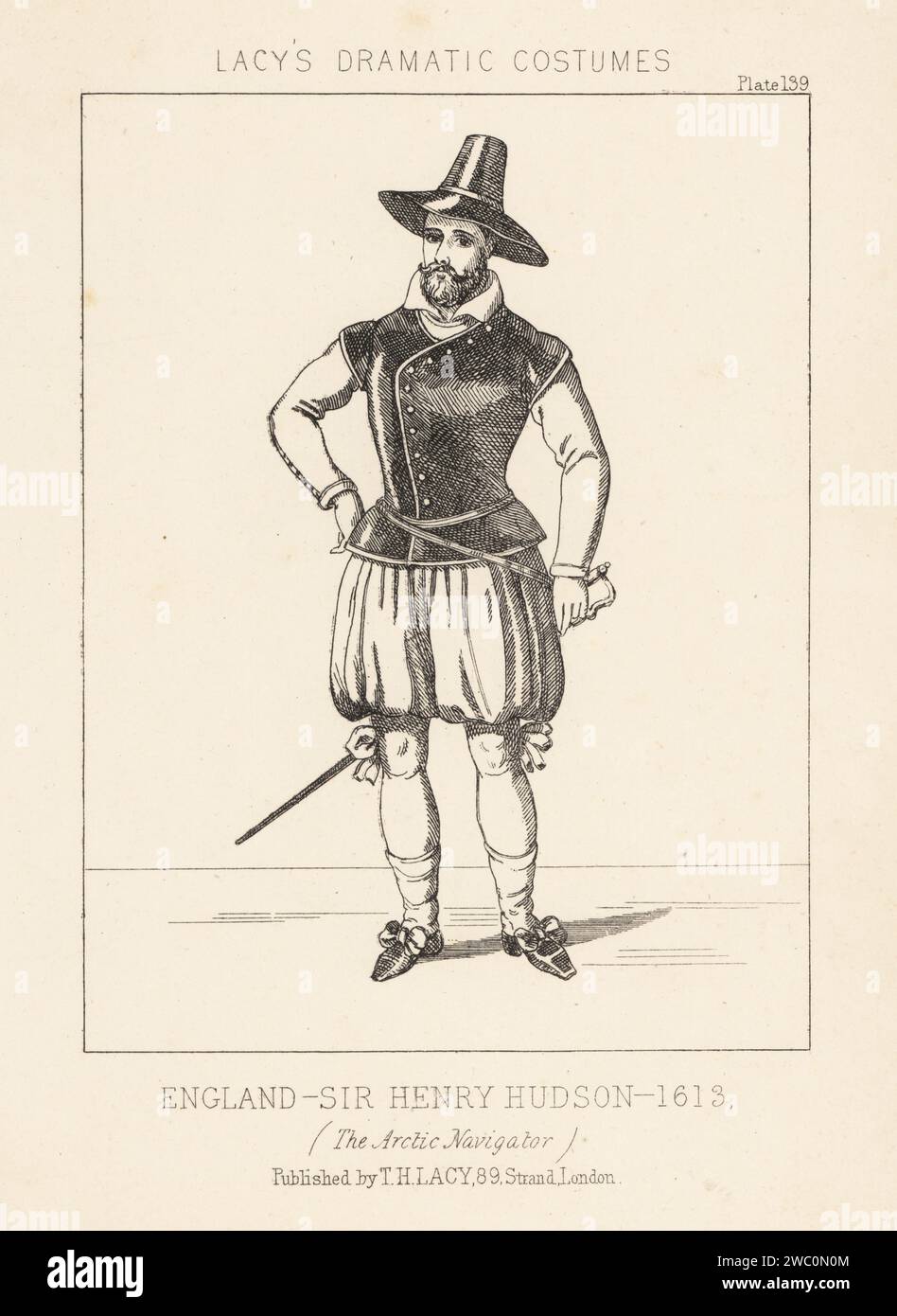 Sir Henry Hudson, arctic navigator, disappeared 1611. English sea explorer and navigator, c.1565-1611. In wide-brim hat, jerkin, breeches, hose and ribbon shoes, armed with sword. Lithograph from Thomas Hailes Lacy's Male Costumes, Historical, National and Dramatic in 200 Plates, London, 1865. Lacy (1809-1873) was a British actor, playwright, theatrical manager and publisher. Stock Photo