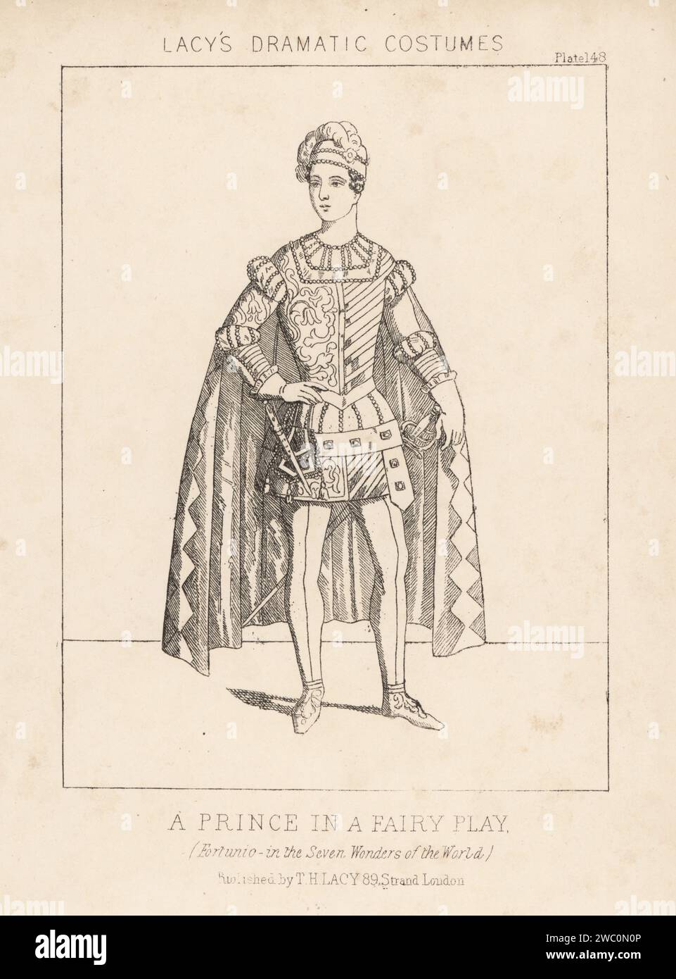 Adolphe Paert as Fortunio in Les Sept Merveilles du Monde at La Porte St. Martin. The Seven Wonders of the World was a great fairy spectacle by Adolphe d'Ennery with music and ballet by Gondois. Prince in a fairy play in long cape, armorial surcoat, hose. Lithograph from Thomas Hailes Lacy's Male Costumes, Historical, National and Dramatic in 200 Plates, London, 1865. Lacy (1809-1873) was a British actor, playwright, theatrical manager and publisher. Stock Photo