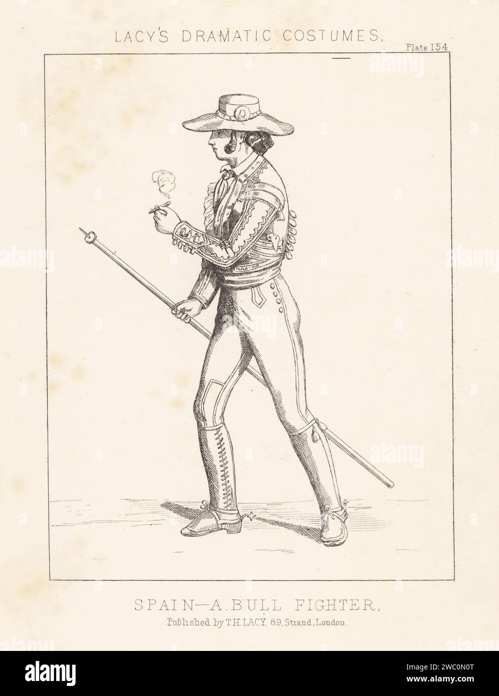 Dismounted picador, Spain, 19th century. Bullfighter in wide-brim hat, bolero jacket, breeches, gaiters and spurs, with lance, smoking a cigar. Costume of a bull-fighter, Spain. Lithograph from Thomas Hailes Lacy's Male Costumes, Historical, National and Dramatic in 200 Plates, London, 1865. Lacy (1809-1873) was a British actor, playwright, theatrical manager and publisher. Stock Photo