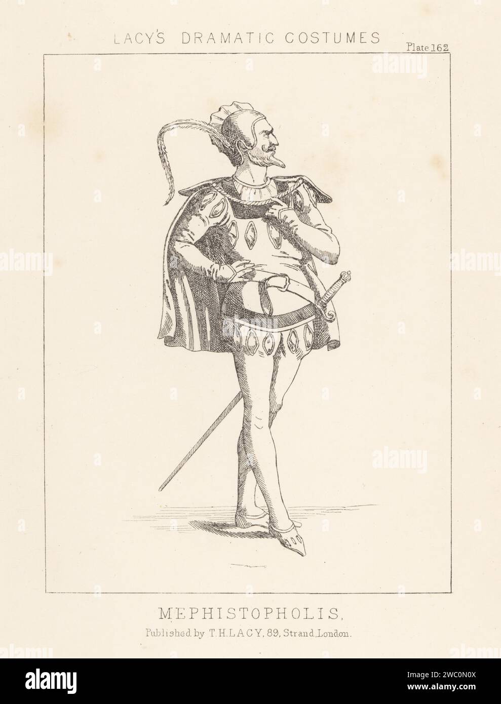 Stage costume for Mephistopheles in Charles Gounod's opera Faust, 1859. Mephistopholis. Demon in cap with long feather, short cape, tunic, hose, armed with sword. Lithograph from Thomas Hailes Lacy's Male Costumes, Historical, National and Dramatic in 200 Plates, London, 1865. Lacy (1809-1873) was a British actor, playwright, theatrical manager and publisher. Stock Photo